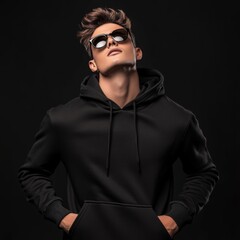 Obraz premium Portrait young man wearing black hoodie sunglasses He A picture featuring