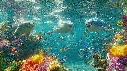 Obraz premium Playful Cartoon Animals in Clear Water Scene