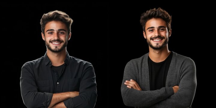 Side-by-side comparison two young men standing their arms Smiling casually dressed man