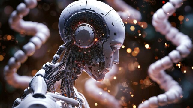 AI in Genomics Research : Robotic interfaces displaying complex genetic algorithms