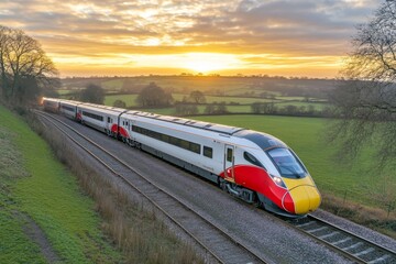 Fototapeta premium Effortless High-Speed Train Journey Across Grassland at Sunset with Copy Space