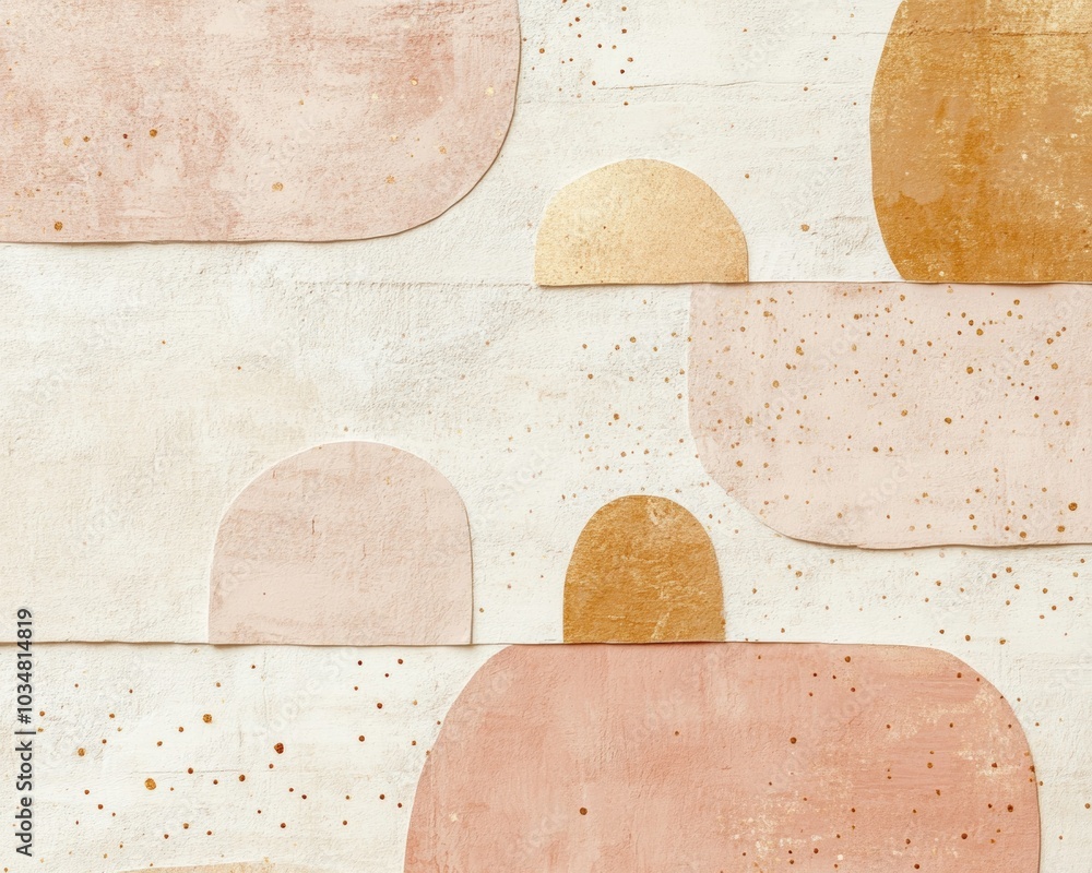 Poster abstract festive collage with pastel and gold textured shapes on subtle background