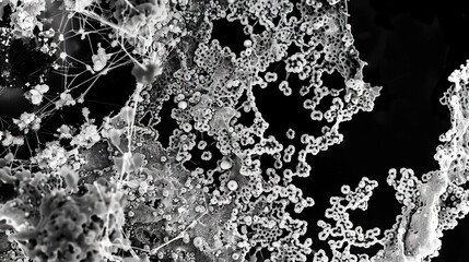 Obraz premium Ancient microbes under microscope reveal intricate cellular structures, showcasing their mysterious and ancient nature, ideal for scientific and educational content.