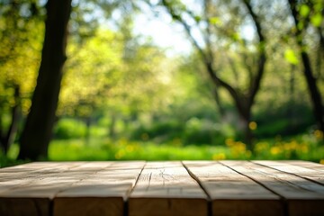 Naklejka premium Wooden table foreground blurred background trees greenery is surrounded by