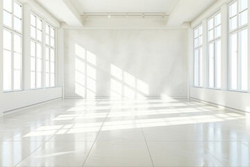 Fototapeta premium Modern minimalist style, blank living room, white color, wide angle view