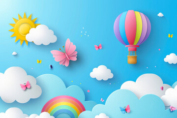 Beautiful fluffy clouds on blue sky background with summer sun