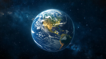 Fototapeta premium The earth as seen from space with city lights glowing – the style hyper-realistic photograph taken in daylight shot by Canon EOS Rebel SL3 Camera, HDR super detailed, high resolution
