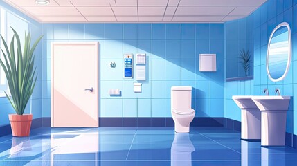 Modern Bathroom with Blue Tiles, Toilet, and Double Sink