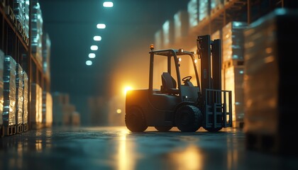 Forklift in a warehouse with illuminated stacks of pallets, showcasing industrial storage and logistics operations.