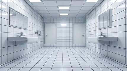 Minimalist White Bathroom with Two Sinks and Doors