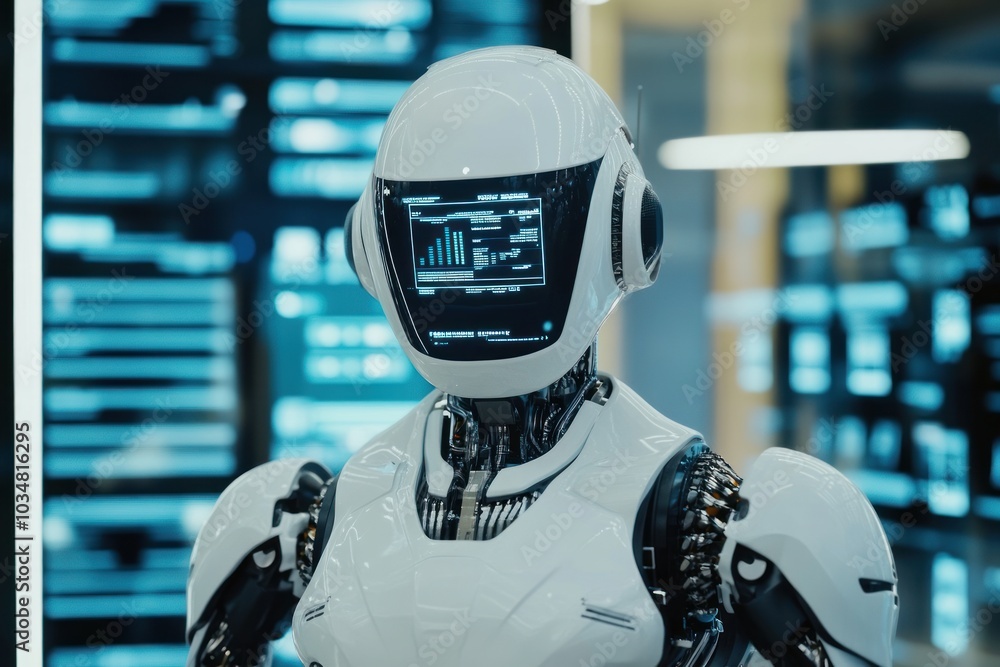 Poster white robot with digital interface in data center