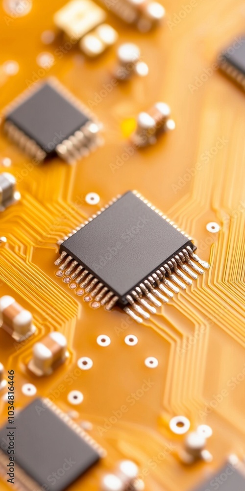 Fototapete Close-up of Modern Circuit Board Components with Microchips and Traces in High Detail