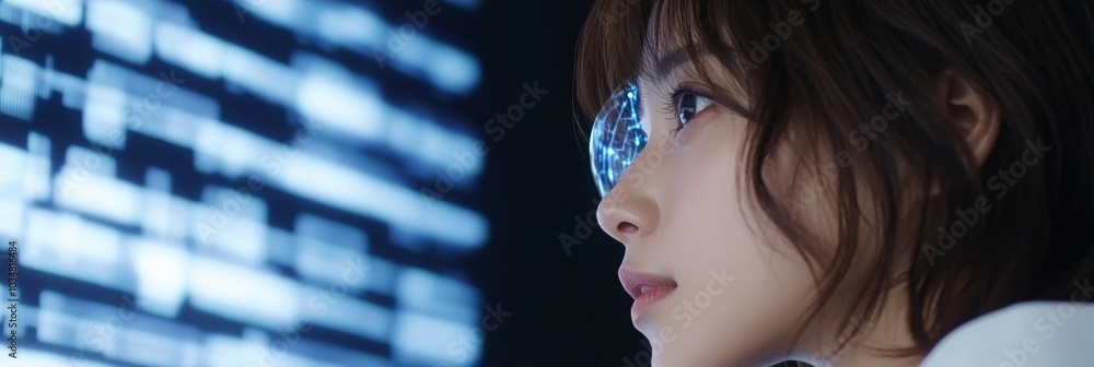 Aufkleber innovative east asian female data scientist interacting with ai hologram in high-tech lab during mor