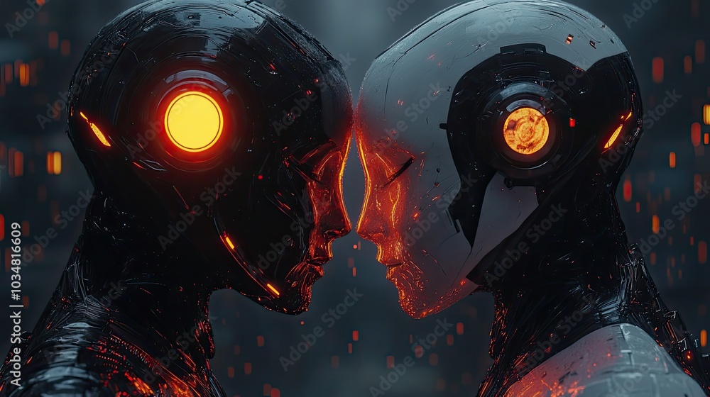 Poster two robots facing each other closely symbolizing robot love and connection in futuristic setting.ima
