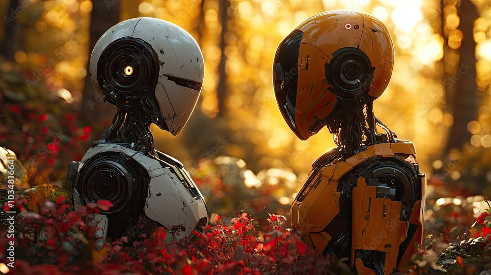 Poster two robots facing each other closely symbolizing robot love and connection in futuristic setting.stock image