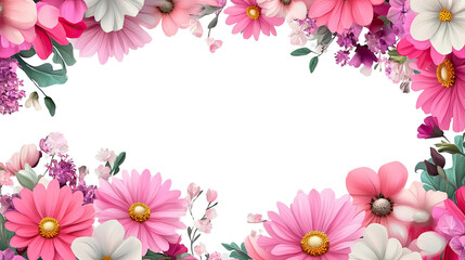 Spring flowers frame with a beautiful border of pink blooms and green grass, perfect for a nature-inspired design or card decoration