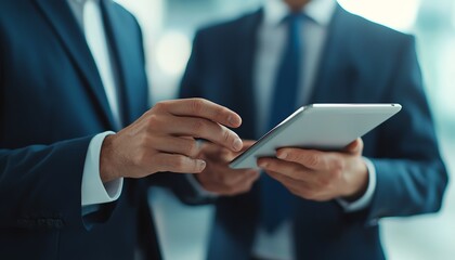 Two professionals discussing data on a tablet in a modern office environment.