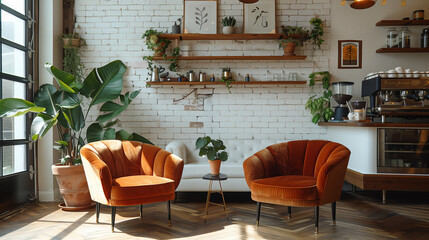 cozy coffee shop with white brick wall, orange velvet chairs