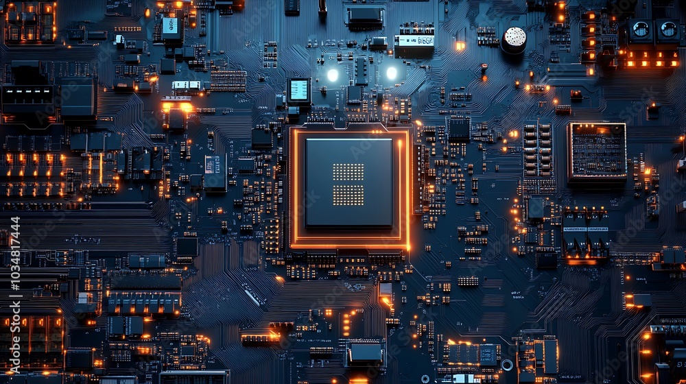 Poster closeup of a circuit board with glowing components