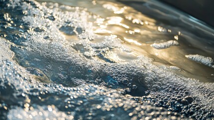 2410 47.A detailed photograph of large aeration tanks in a wastewater treatment plant, with millions of bubbles rising from the surface as the water is aerated. The metallic tanks are partially