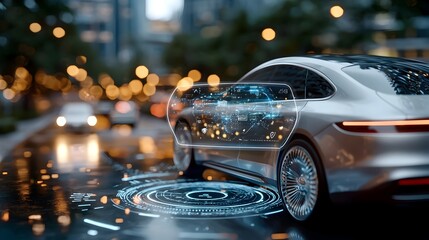Naklejka premium Sleek futuristic car with a holographic GPS display navigating through a glowing 3D illustrated urban cityscape