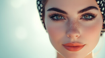 A young woman poses gracefully with a fashionable headscarf, her captivating eyes and flawless skin highlighted by soft lighting that enhances her elegance, Pin-up girl, copy space
