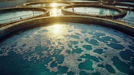 2410 48.A vibrant image of the aeration process in a wastewater treatment facility, with bubbling water filling large circular tanks. The bright sunlight reflects off the surface of the bubbling
