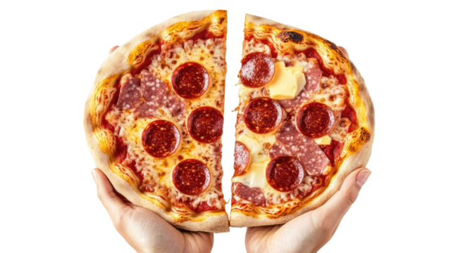 Hands Holding Delicious Slices of Pepperoni Pizza With Cheese Generative AI