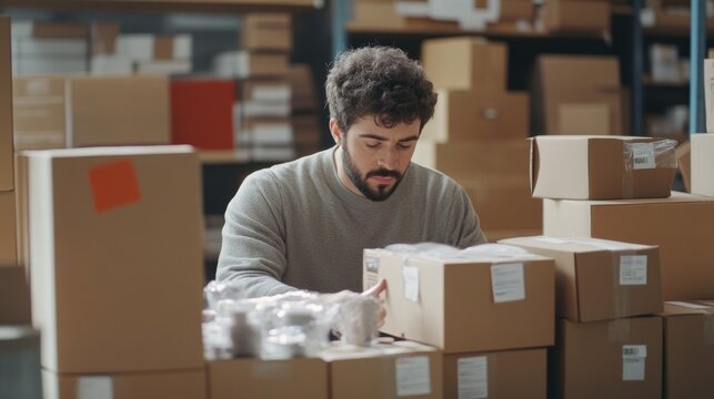 2410 56.A focused male business owner carefully packing products into cardboard boxes at a desk, organizing items based on online orders. The scene shows the detailed process of preparing parcels for