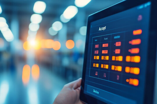 calendar invite displayed on tablet screen shows options to accept or decline. interface features vibrant colors and clear buttons, creating engaging user experience
