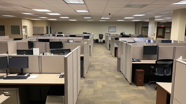 Empty cubicle office space with beige walls and carpeted floors