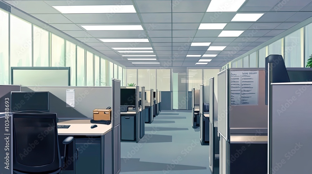 Aufkleber an empty modern office cubicle space with a cardboard box on a desk