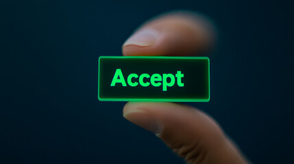 close up of finger hovering over glowing green Accept button, symbolizing digital interaction and decision making in technology. image conveys sense of engagement and choice