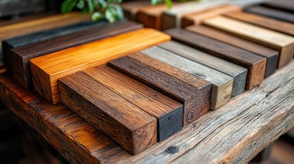 various wood flooring samples displayed on wooden surface showcasing different textures and colors.image