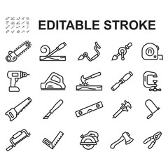 Carpenter icon set. Contains carpenter's tool icons. Thin line vector.