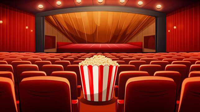 The theater is filled with plush red seats, creating an inviting atmosphere for movie lovers. A large bucket of popcorn sits at the forefront, promising a delightful snack