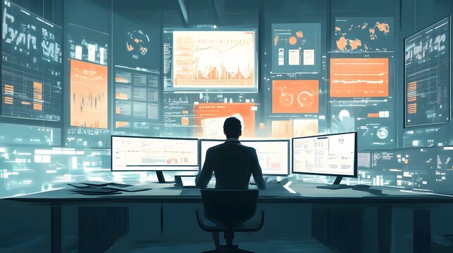 A lone figure working in a dark office surrounded by data screens.