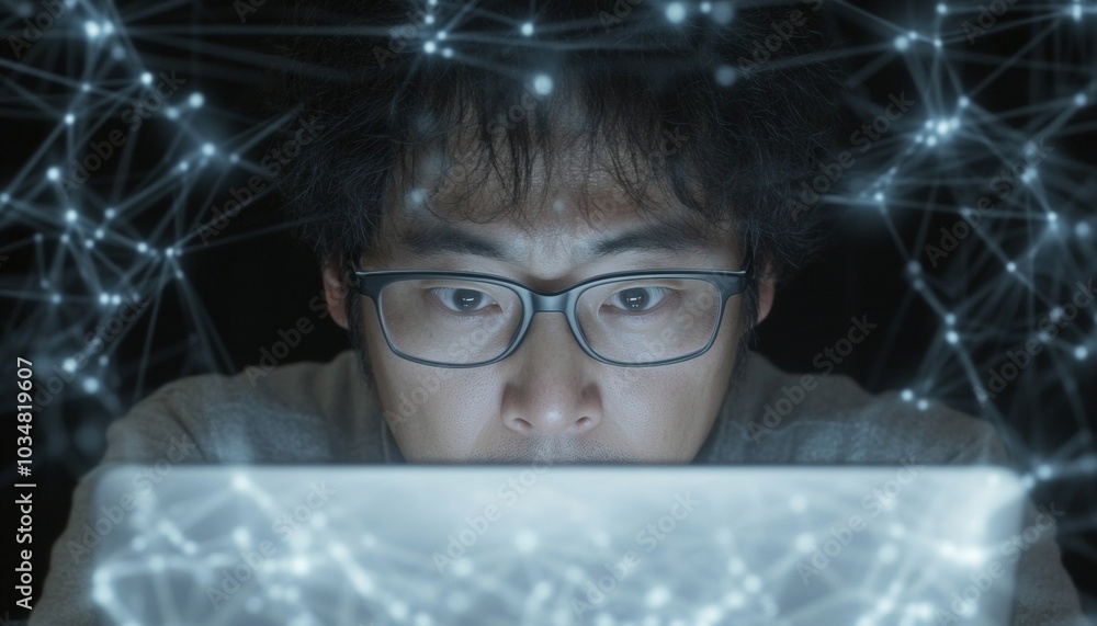 Leinwandbilder korean male scientist analyzing ai data with abstract patterns on laptop in lab at night