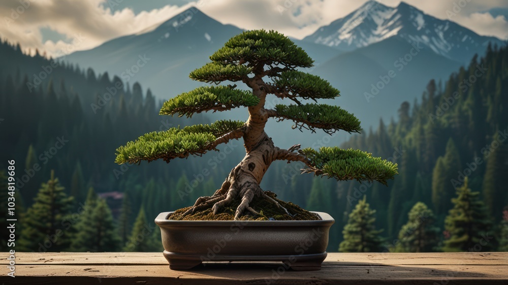 Poster a bonsai tree with intricate branches and a thick trunk sits on a wooden platform in front of a moun