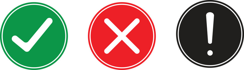 Set of flat round check marks, exclamation points, X mark icons.