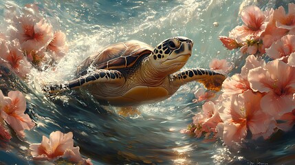 A sea turtle swims through a vibrant, sunlit ocean, surrounded by blooming pink flowers.