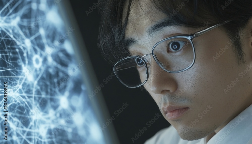 Poster focused korean male scientist analyzing ai data with abstract digital patterns on laptop in lab at n