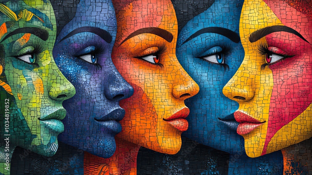 Poster vibrant abstract faces and patterns showcasing artistic expression and individuality stylized shapes