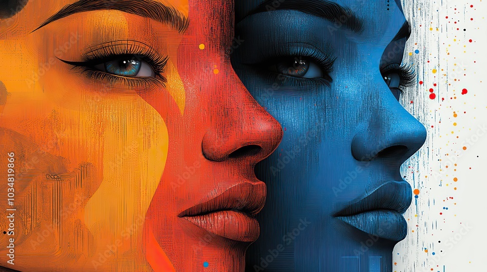 Poster vibrant abstract faces and patterns showcasing artistic expression and individuality stylized shapes
