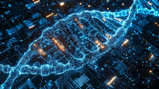 AI and DNA Fusion : Digital DNA strands merging with circuit board designs