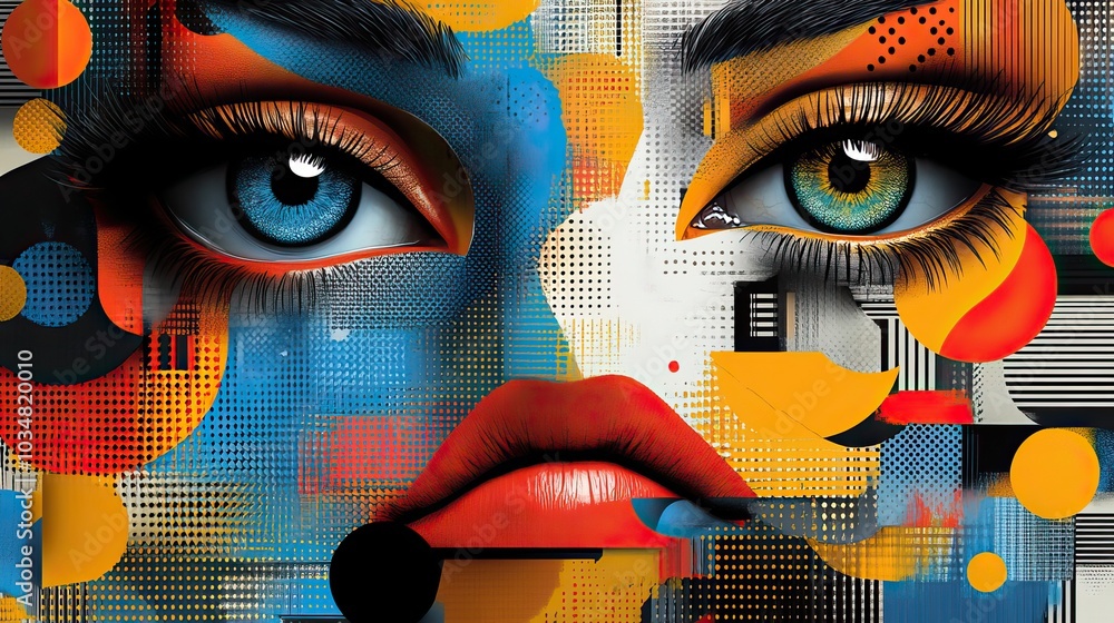 Poster vibrant abstract shapes and patterns form an artistic composition featuring stylized eyes and lips r
