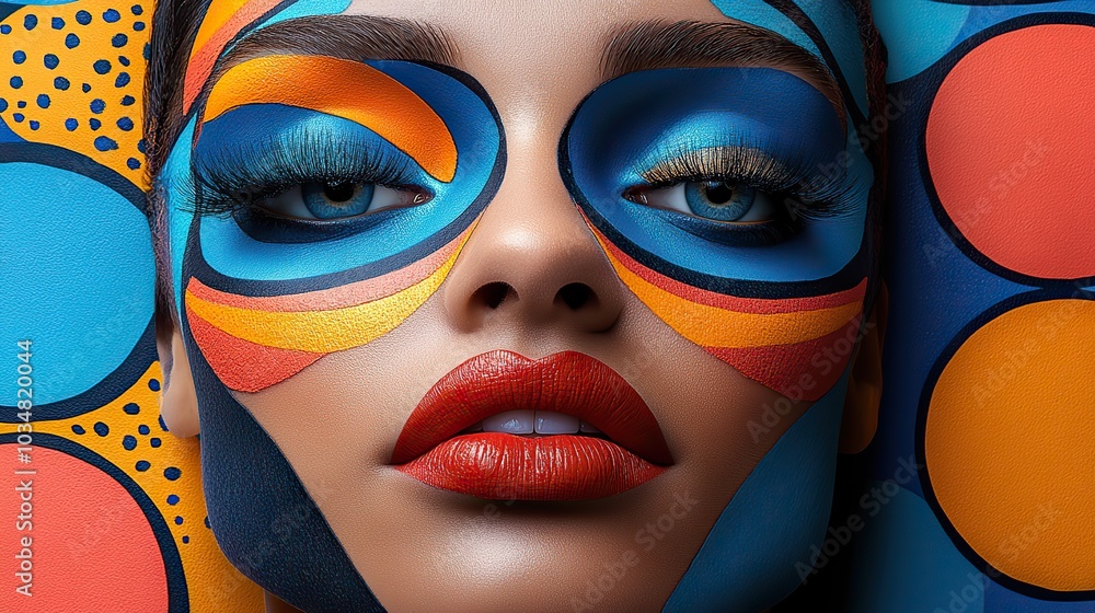Poster vibrant abstract shapes and patterns form an artistic composition featuring stylized eyes and lips r