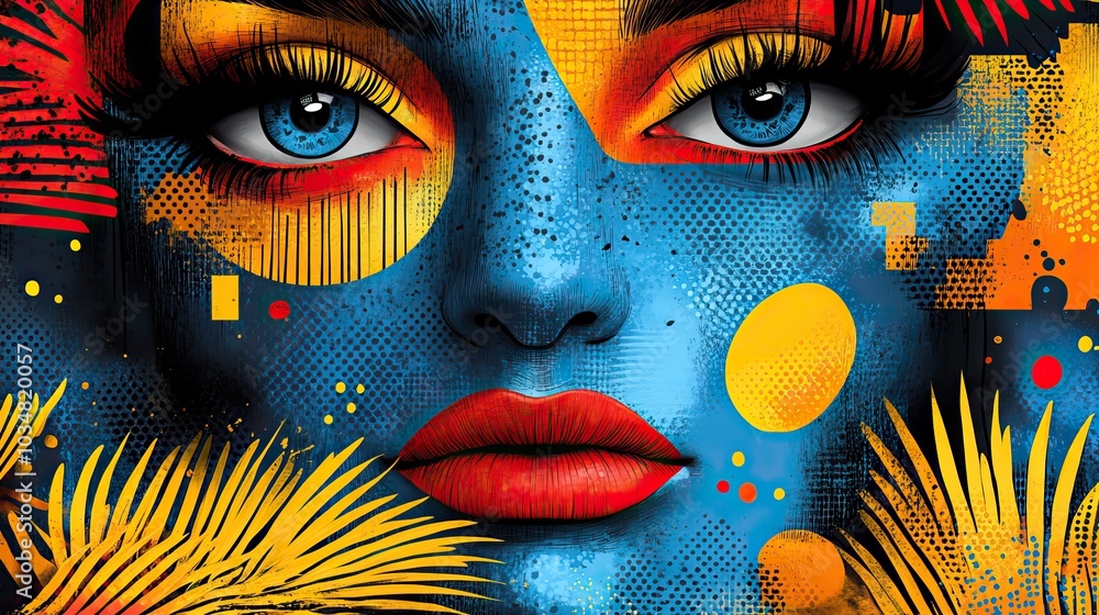 Poster vibrant abstract shapes and patterns form an artistic composition featuring stylized eyes and lips r