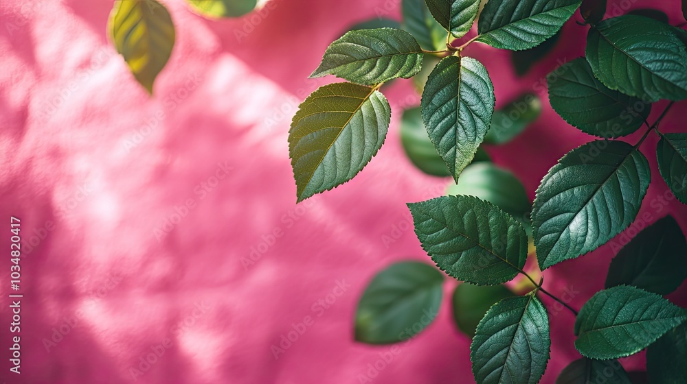 Poster vibrant green leaf shadows cast on soft pink wall creating serene and aesthetically pleasing backdro