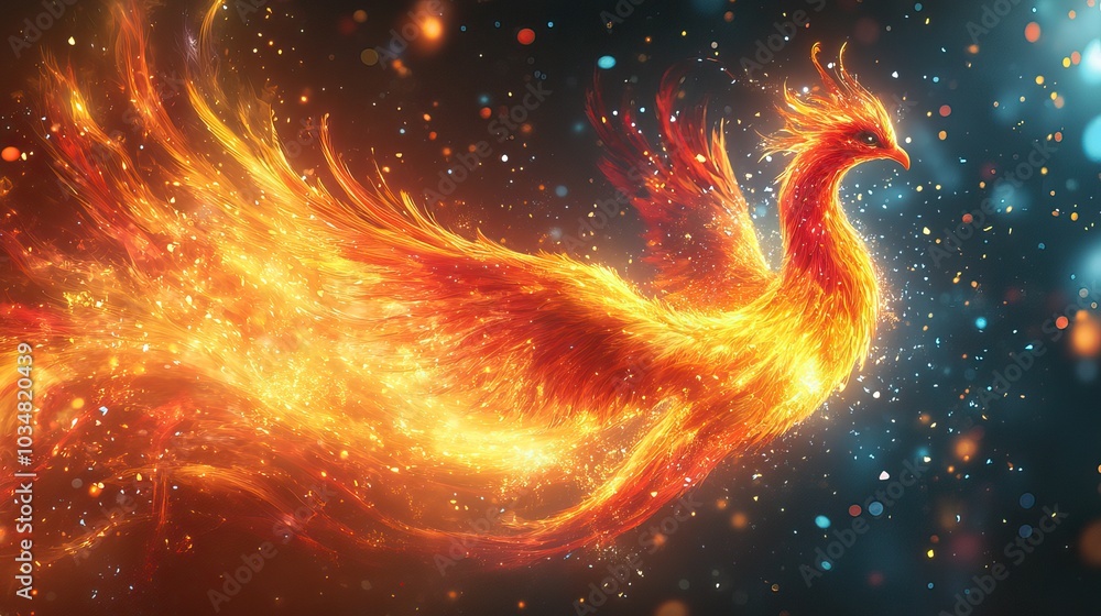 Poster vibrantof phoenix bird symbolizing the rise of powerful programming language framework set against d
